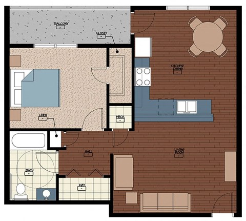 A floor plan of a house with a living room, kitchen, and bathroom.